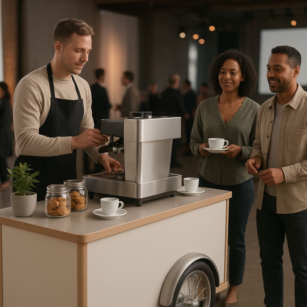 Neutral gestaltetes Coffee Cart Setup für Produktpräsentation