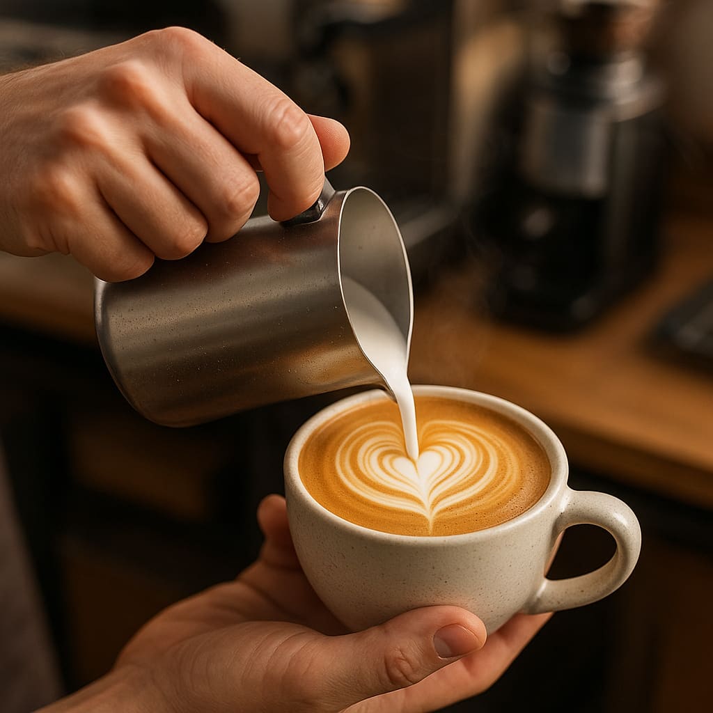 Barista beim Gießen von Latte Art